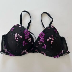 Victoria’s Secret 36B Very Sexy Strappy Embroidered Black Purple Push-up Bra